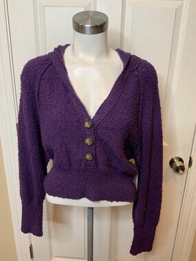 Free People Purple Knubby Knit Hooded Crop Sweater, Size Small